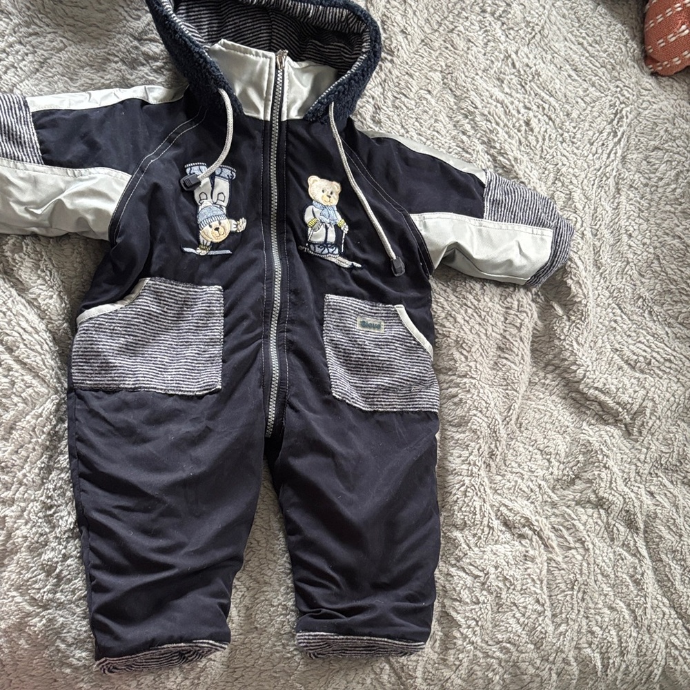 6month old snow suit Navy and Gray Teddy Bear Puffer Kids Coverall